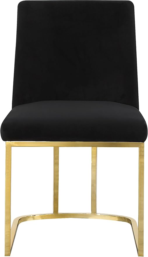 Meridian Furniture Heidi Collection Modern | Contemporary Velvet Upholstered Dining Chair with Polished Gold Metal Frame, Set of 2, 19" W x 23" D x 32" H, Black