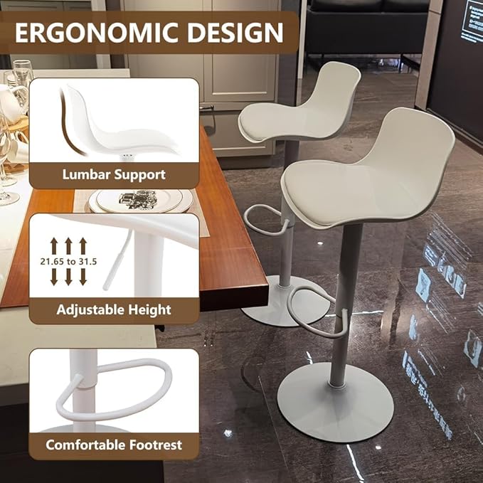 Kidol & Shellder Bar Stools Set of 6 Adjustable Counter Height Stools Modern PU Leather Swivel with Back Barstools Upholstered Kitchen Island Chairs（White）