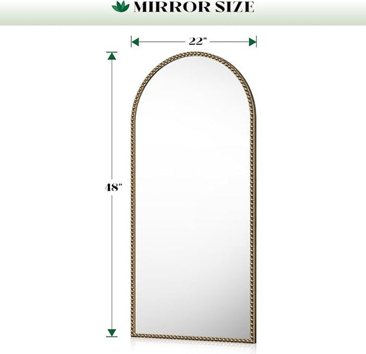 Arched Gold Antique Mirror with Beaded, 22"x48" Gold Arch Bathroom Vanity Mirror, Retro Brass Metal Frame Decorative Mirror for Bedroom Dressing Room Entryway Fireplace
