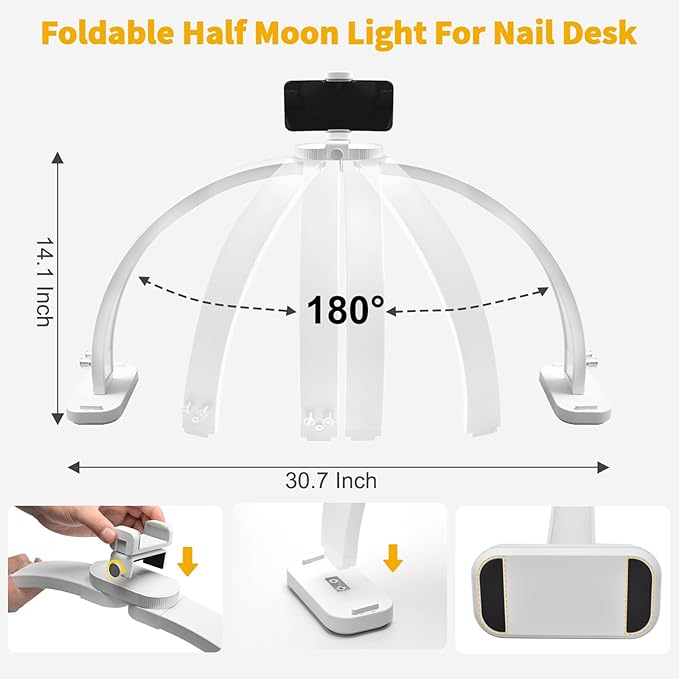CGBE Half-Moon Nail Light for Desk : Professional Manicurist Table Lamp for Nail Salon Lighting and Eyelash Extensions with Phone Holder - Extra Large 30.7" Craft Desk Light - White