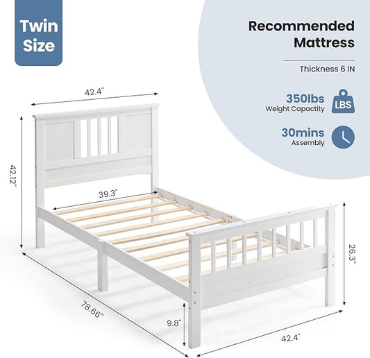 DUMOS Metal Platform Bed Frame - Twin Size Mattress Foundation with Headboard and and Footboard, No Box Spring Needed with 350LBS Sturdy Wooden Slats Support, Noise Free, White