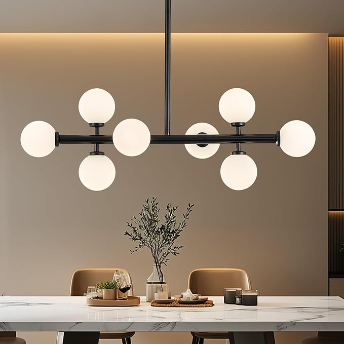 Modern Linear Chandeliers for Dining Room, 8-Light Globe Sputnik Pendant Ceiling Light, Black Dining Room Light Fixture Over Table, Mid Century Glass Milk White Bubble, 31.5 Inch, GC-09