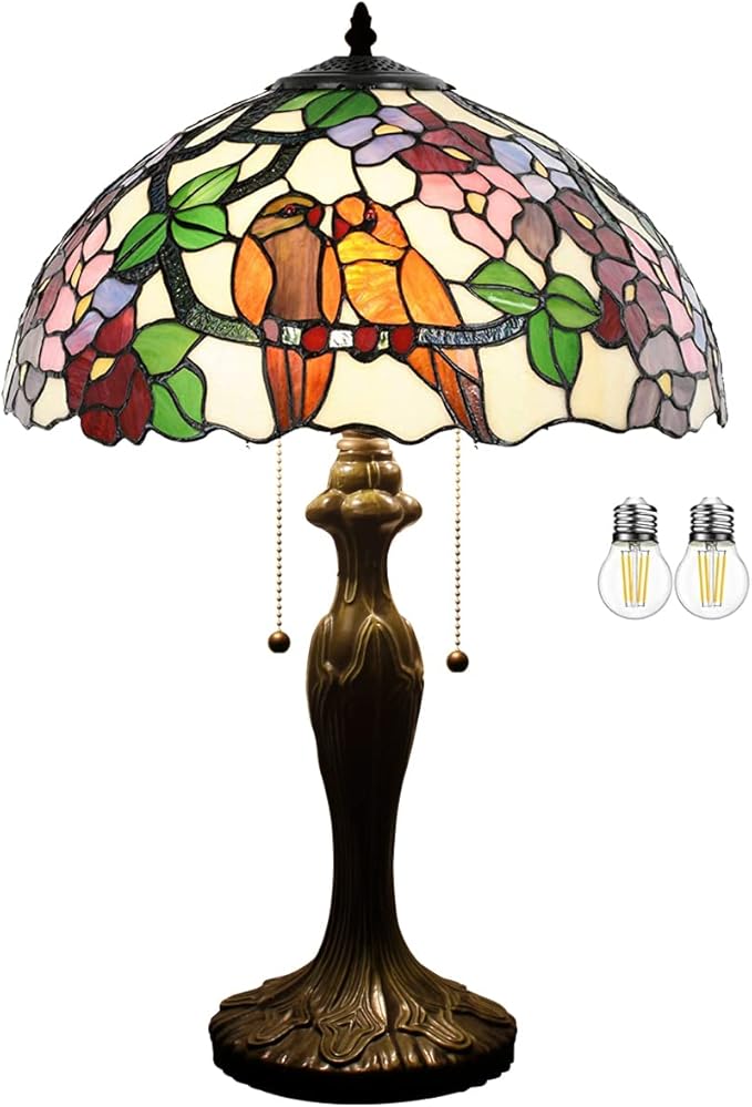 WERFACTORY Tiffany Style Table Lamp Double Birds Colorful Stained Glass Bedside Lamp 16X16X24 Inches Desk Light Metal Base Decor Bedroom Living Room Home Office S803 Series