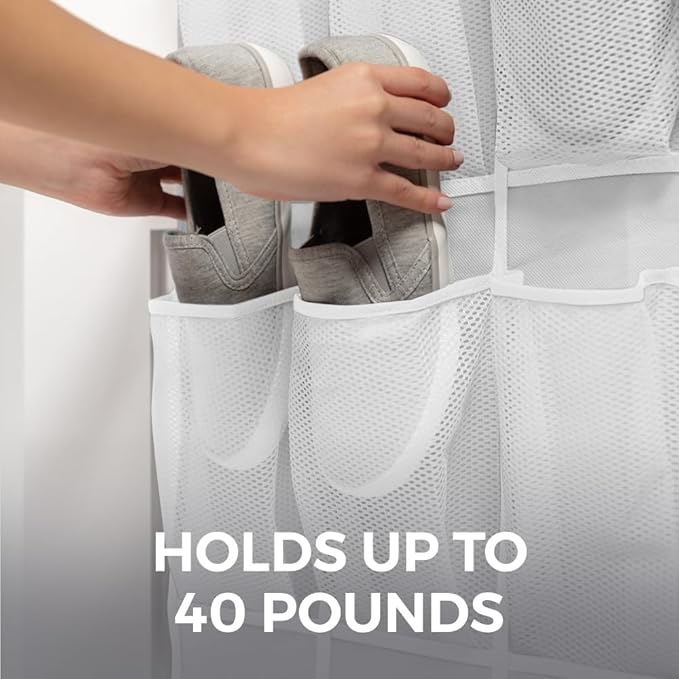 HOME GENIE Over the Door Hanging Shoe Organizer, 2 Pack, 24 Breathable Mesh Pockets, Closet Rack Storage Holder Stay in Place Hooks Hang on Closets, Hanger Holds Up to 40 lbs, Shoes, Accessories White