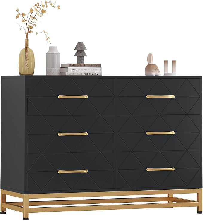 GarveeHome Black Dresser for Bedroom with 6 Drawers, Wood Chest of Drawers, TV Stand, Morden Dresser for Closet, Living Room, Hallway, Nursery