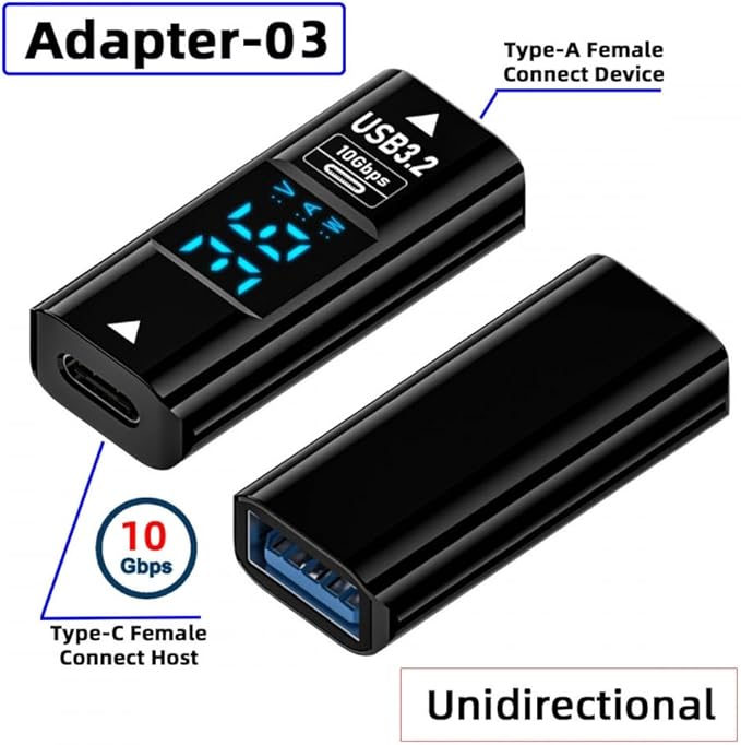 CY Adapter 3pcs/lot Type-C Smart LED Display USB-C Female to USB Type-A 8P Adapter Data Current Voltage Fast Charging Monitoring Display Tester Detector