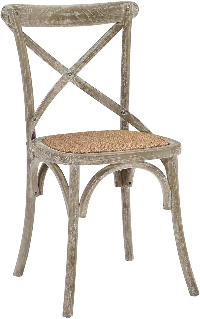 Modway Gear Rustic Modern Farmhouse Elm Wood Rattan Four Dining Chairs in Gray