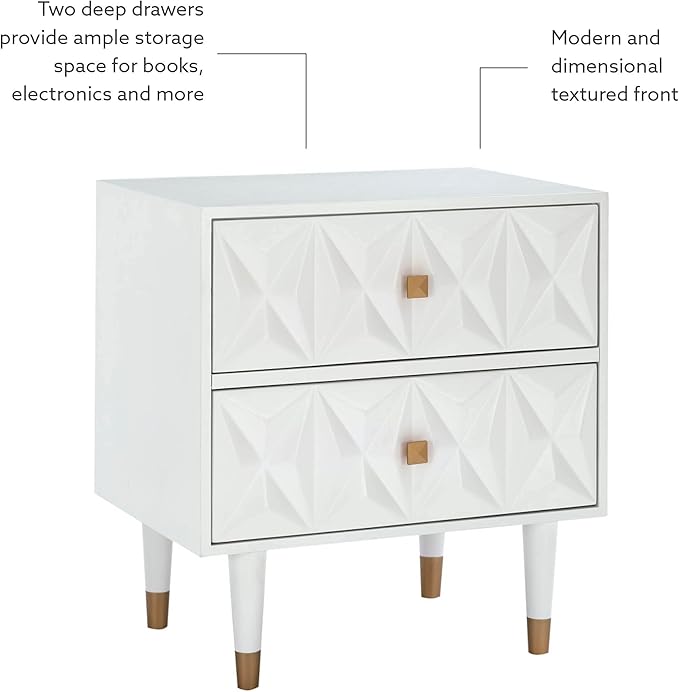 Linon Home Décor Sheerah Two Drawer Geo Texture White Nightstand, Gold