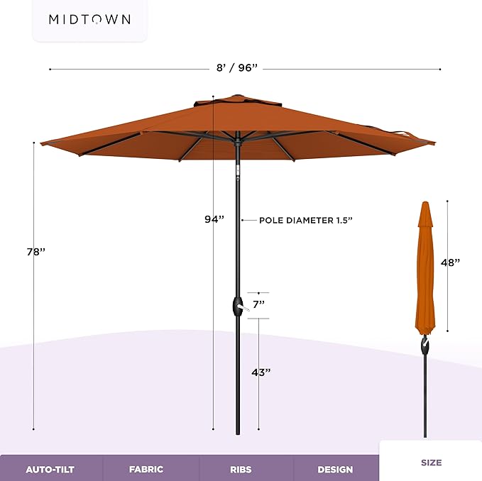 Midtown Umbrellas - The Lean 8 Ft Patio Umbrella with Fade-Resistant Sunbrella Fabric, Auto-Tilt Aluminum Frame and 8 Reinforced Ribs for Deck, Pool & Garden - Terracotta Canopy, Black Pole