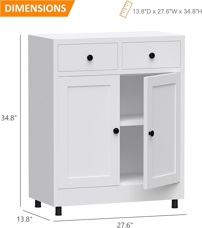 Metal Storage Cabinet with 2 Drawers and Adjustable Shelf, Sideboard Buffet Cabinet for Home, Office, Hallway, Entryway, Living Room, Kitchen Pantry and Dining Room (White)