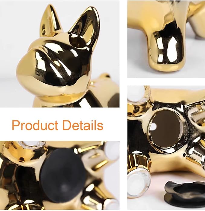 Ceramic Frenchie Decor with Non-Slip Pad, Decorative Coin Piggy Bank, French Bulldog Statue Decor, Gold Dog Decor, Bookshelf Decorative Objects for Bedroom, Coffee Table Decor Items