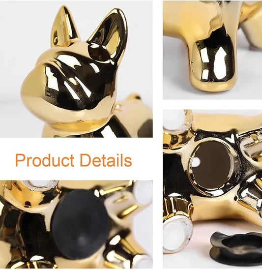 Ceramic Frenchie Decor with Non-Slip Pad, Decorative Coin Piggy Bank, French Bulldog Statue Decor, Gold Dog Decor, Bookshelf Decorative Objects for Bedroom, Coffee Table Decor Items