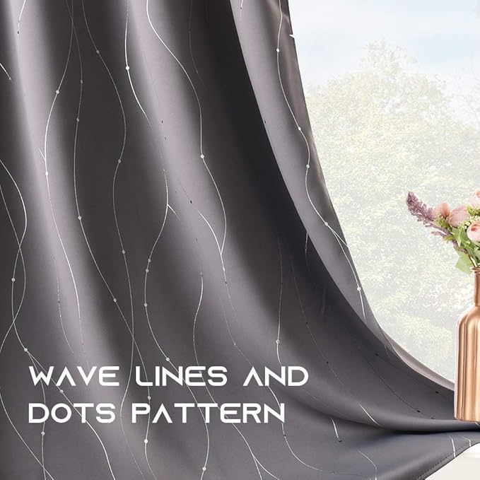 NICETOWN Blackout Curtains for Bedroom, Foil Printed Wave Lines with Dots Energy Saving Thermal Insulated Solid Grommet Blackout Draperies for Patio (1 Pair, 52 inches by 95 Inch, Grey)