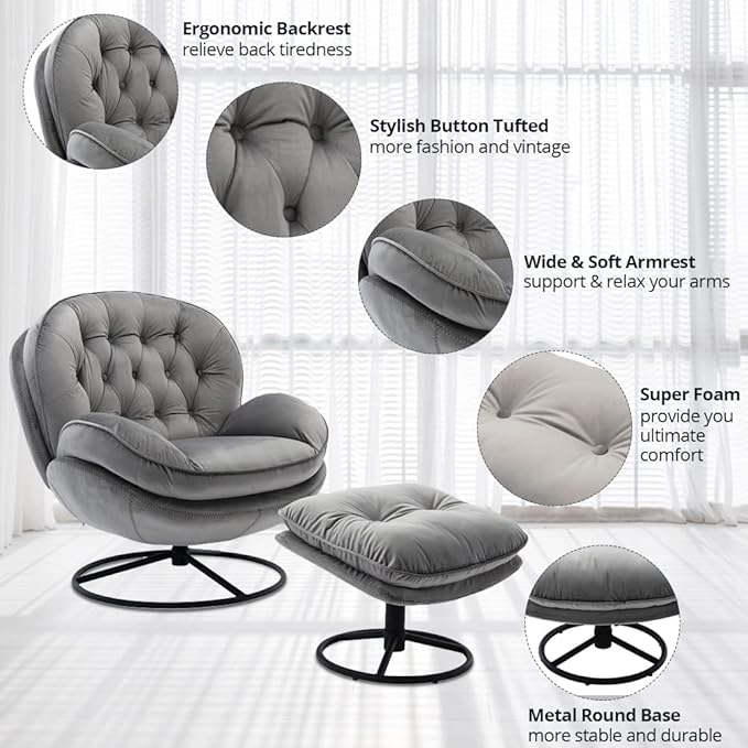 Velvet Swivel Accent Chair with Ottoman Set, Modern Lounge Chair with Metal Base Frame & Footrest, Comfortable Single Leisure Sofa Chair Reading Chair with 360 Degree Swiveling for Living Room, Gray