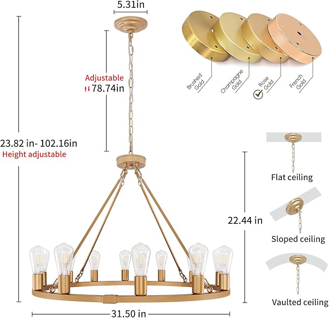 31.5" 12 Lights Gold Wagon Wheel Chandelier, Farmhouse Metal Round Industrial Large Round Pendant Light for Living Room Dining Room Foyer Entryway Kitchen