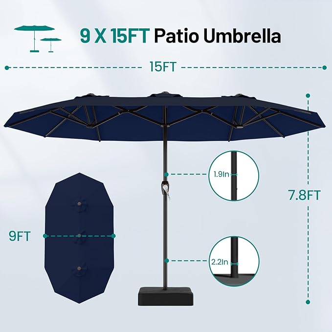 AreShark 15ft Patio Umbrella with Base, Double Sided Outdoor Umbrella with 12 Fiberglass Ribs, Large Outdoor Umbrella for Garden, Pool, Deck, Backyard & Market,Navy Blue