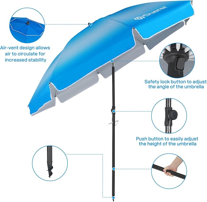 Duerer 8.5FT Beach Umbrella for Sand with Anchor, Heavy Duty Windproof, Height Adjustable Tilt, Iron Pole, Portable with Carrying Bag for Beach, Patio, Garden Outdoor