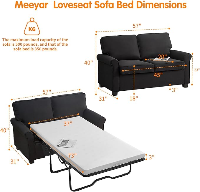Pull Out Sofa Bed with Mattress, 57" Convertible Sofa Bed Loveseat, Twin Sleeper Sofa Couch with Pocketed Coil Seating, Upholstered Fabric Sofa Bed for Small Spaces,Black | sofa bed, futon sofa bed, sofa bed couch, Sleeper Sofa, pull out sofa bed