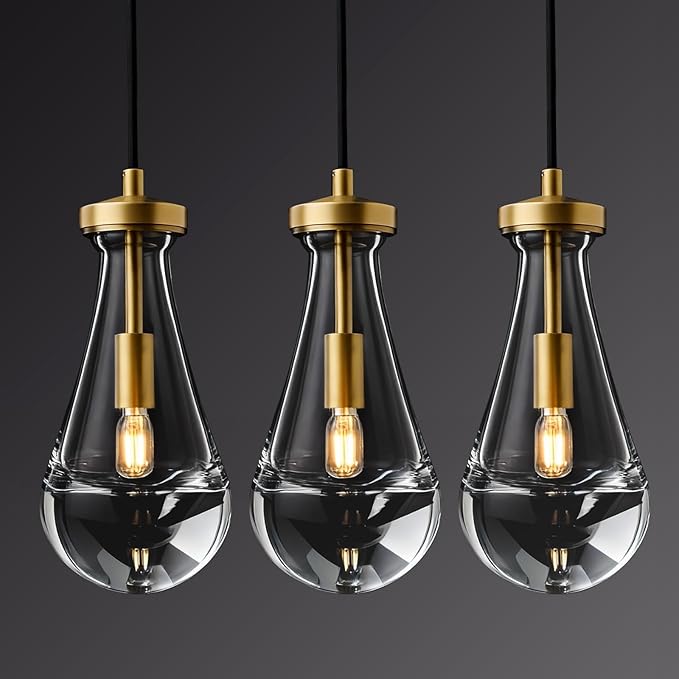 Raindrop Pendant Lights Kitchen Island Set of 3, Brass Teardrop Pendant Lights Dining Room Modern Gold Rain Pendants Glass Waterdrop Pendant Light for Island, Living Room,Included E12 Bulb