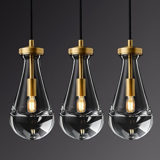 Raindrop Pendant Lights Kitchen Island Set of 3, Brass Teardrop Pendant Lights Dining Room Modern Gold Rain Pendants Glass Waterdrop Pendant Light for Island, Living Room,Included E12 Bulb