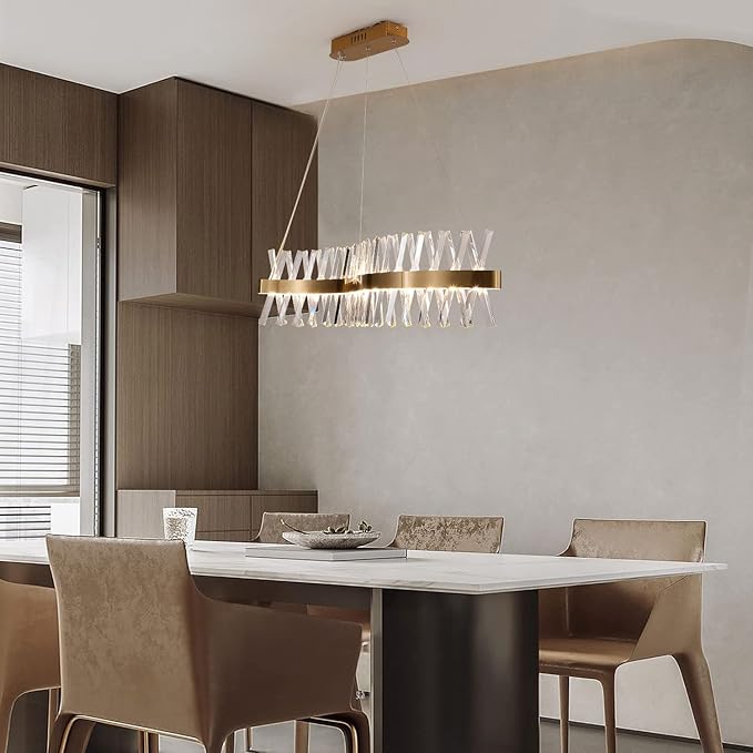 Gold Crystal Chandelier Modern LED Ceiling Pendant Light Fixture 40” Modern Linear Flush Mount Hanging Light for Dining Room Kitchen Island Bedroom, Brushed Finish Warm White 3000K UL Listed