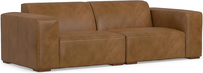 SIMPLIHOME Rex 2-Seater Modular Sofa in Full-Grain Genuine Leather, Caramel Brown, 88-inches Wide, Handcrafted Leather Loveseat Sofa for Living Room