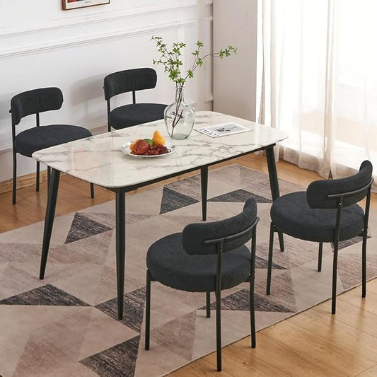 EDWELL Black Boucle Dining Chairs Set of 4, Mid Century Modern Dining Room Chairs with 3.94“ Cushions, Round Upholstered Kitchen Chairs with Black Metal Legs for Dining Chair, Living Room