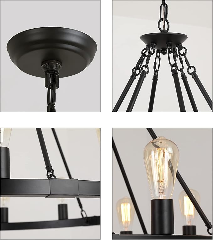 AMZASA Large Farmhouse Wagon Wheel Chandelier,Black Industrial Round 12 Lights Dining Room Light Fixture for Kitchen Living Room Foyer Hotel Dia38.2 Inches UL Listed