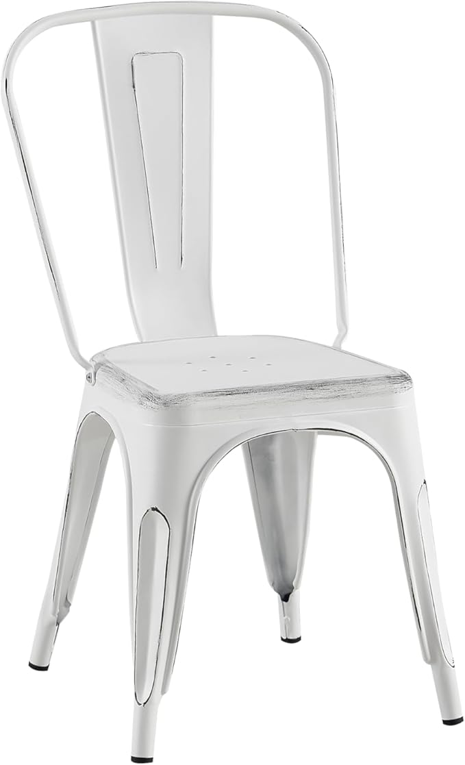 AC Pacific Stackable Metal Dining Chairs Set of 2 for Indoor and Outdoor Use, Durable Stacking Seat, Farmhouse Kitchen, Bar, Patio, Bistro, Cafe, Industrial Style, 2pcs, Sanded Matte White
