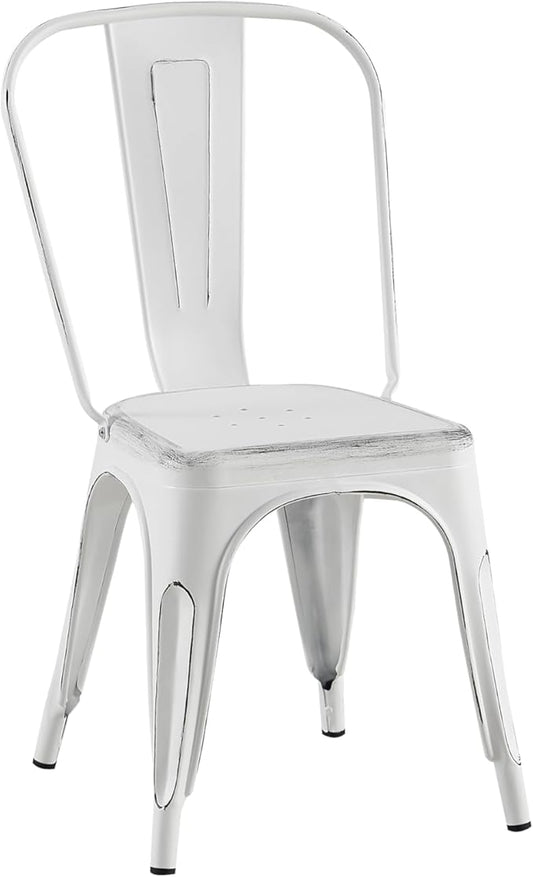 AC Pacific Stackable Metal Dining Chairs Set of 2 for Indoor and Outdoor Use, Durable Stacking Seat, Farmhouse Kitchen, Bar, Patio, Bistro, Cafe, Industrial Style, 2pcs, Sanded Matte White