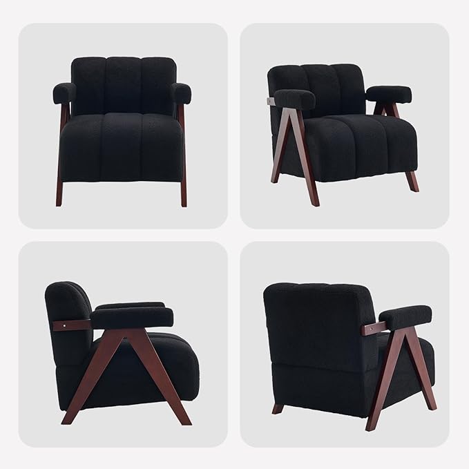 Accent Chairs Set of 2 with Wide Seat, Anthropologie Living Room Chair with Wide Armrest, Pottery Barn Accent Chair Bedroom Chair with Thick Cushion, Comfy Teddy Tufted Side Chairs, Black