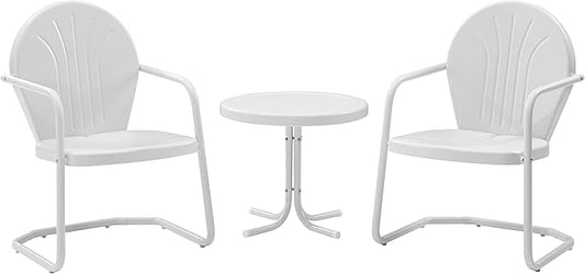 Crosley Furniture Griffith 3-Piece Outdoor Chair and Side Table Set, Retro Metal Bistro Patio Sets for Porch, White