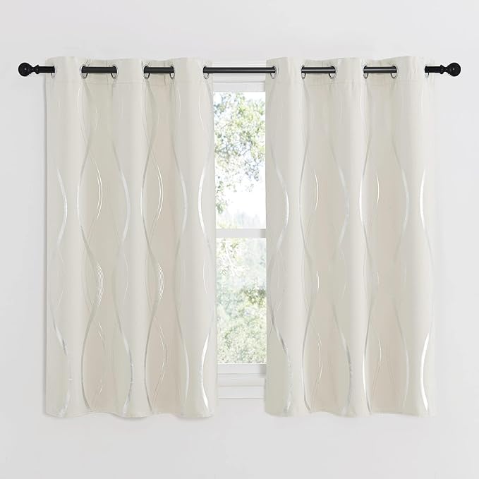 NICETOWN Beige Kitchen Curtains Small Blackout Panels 34 by 54 Inch, Set of 2, Window Treatment Thermal Insulated Solid Grommet Room Darkening Wave Line Foil Print Design Drapes for Cafe, Loft