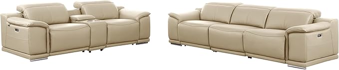 Blackjack Furniture Venice Top Grain Italian Leather Power Recline 6 Piece 5 Seater Sofa - 107" Theater Seating Modern Couch for Living Room Apartment with Adjustable Headrests & USB Port, Beige