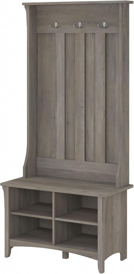 Bush Home Salinas Hall Tree with Shoe Storage Bench in Driftwood Gray, Multi-Purpose Home Organizer, Entryway Solution with Seating and Hooks