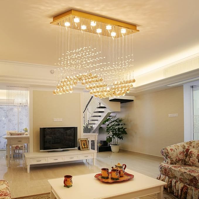 Saint Mossi 22019 8-Lights Modern K9 Crystal Chandelier Light Fixture, Raindrop Chandelier for Bedroom,Living Room,Dining Room, L30 x W12 x H26, Champagne Crystal & Light Gold Canopy