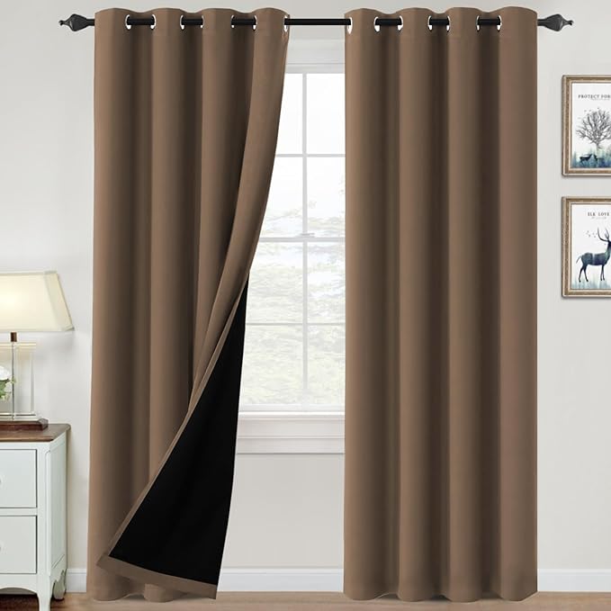 H.VERSAILTEX 100% Blackout Curtains for Bedroom Thermal Insulated Blackout Curtains 96 inch Length Heat and Full Light Blocking Curtains for Living Room with Black Liner 2 Panels Set, Macchiato