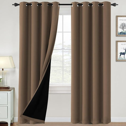H.VERSAILTEX 100% Blackout Curtains for Bedroom Thermal Insulated Blackout Curtains 96 inch Length Heat and Full Light Blocking Curtains for Living Room with Black Liner 2 Panels Set, Macchiato