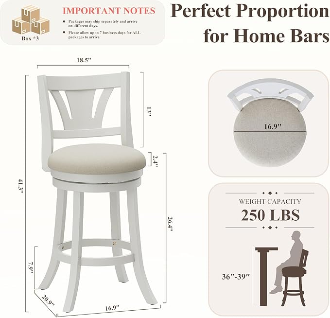 Swivel Bar Stools Set of 3,26 Inch Counter Height Barstool with Silent Rotation, High-Density Foam Cushion, Solid Wood Frame, Footrest & Anti-Slip Pads for Kitchen Islands and Home Bars (White)