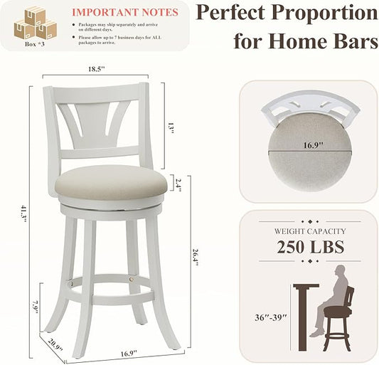 Swivel Bar Stools Set of 3,26 Inch Counter Height Barstool with Silent Rotation, High-Density Foam Cushion, Solid Wood Frame, Footrest & Anti-Slip Pads for Kitchen Islands and Home Bars (White)