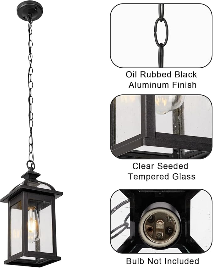 Darkaway Outdoor Pendant Light Fixture Lantern, Hanging Porch Light with Glass Aluminum Outdoor Pendant Lights for Porch, Patio, Entryway (1 Pack, Black)