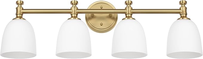 Gold Bathroom Vanity Light, 4-Light Bathroom Light Fixtures Over Mirror, Traditional Vanity Lights for Living Room, Milk White Bell Glass Shades, Standard E26 Base, Aged Brass