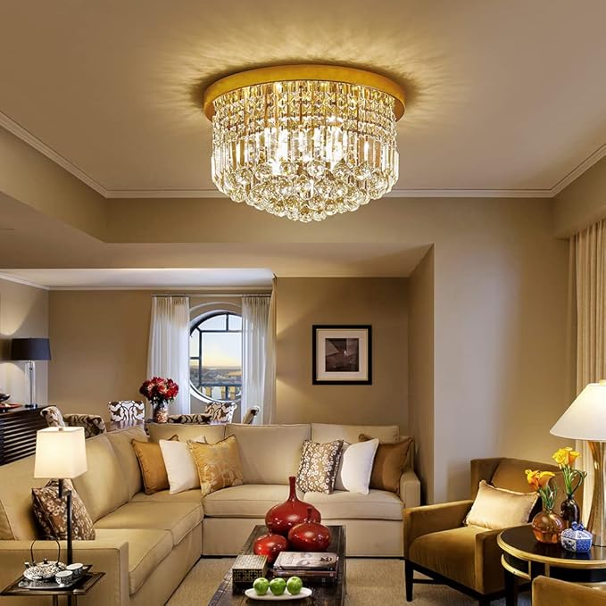 Saint Mossi Modern K9 Crystal Raindrop Chandelier Lighting, Flush Mount Ceiling Light, Perfect for Dining Room Bathroom Bedroom Livingroom, 9 x E12 Bulbs, H11 x D20, Clear Crystal & Brass Canopy