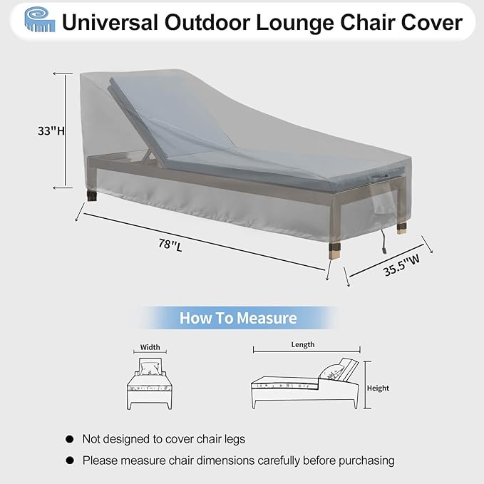 OutdoorLines Outdoor Waterproof Patio Chaise Lounge Chair Cover - UV Resistant Lounger Covers Heavy Duty Weatherproof Patio Sofa Furniture Covers, 1 Pack, 78Wx35.5Dx33H Inches, Gray
