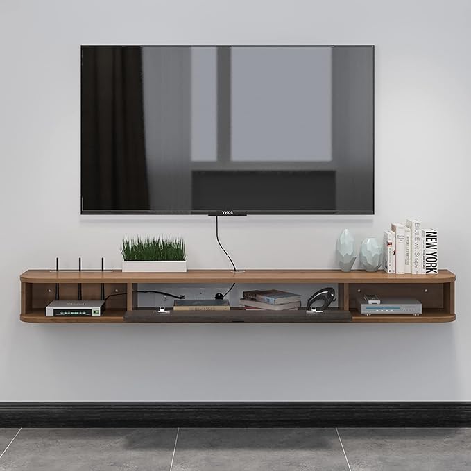 Pmnianhua Floating TV Shelf, 94'' Wall Mounted TV Stand Floating TV Console Media Entertainment Under TV Shelf for Bedroom Living Room (Walnut)