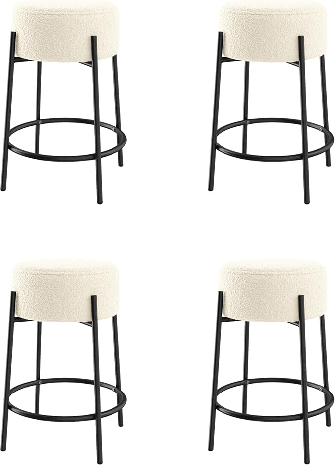 Nathan James Isaac 24" Modern Backless Bar Stool with Round Soft Padded Boucle Seat and Metal Mid-Century Base, Boucle White/Black, Set of 4