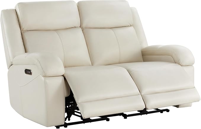 Watson & Whitely Genuine Leather Power Loveseat Recliner Sofa, 2 Seat Wall Hugger Reclining Sofa with Power Headrest & Charging Ports, Dual Recliner Sofas for Living Room, RV, Cream