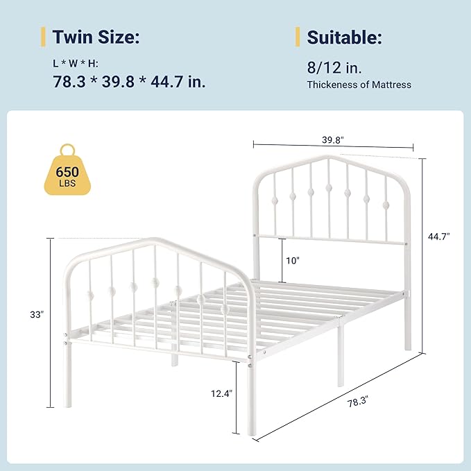 Allewie Twin Size Metal Platform Bed Frame with Vintage Headboard and Footboard, No Box Spring Needed, Easy Assembly, White