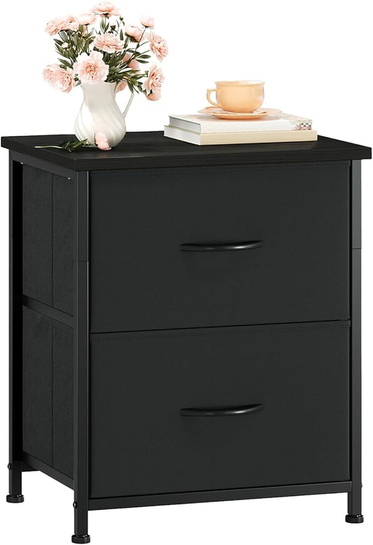Somdot Nightstand Set of 2 with 2 Storage Drawers, Small Bedside Table End Table, Wooden Top Fabric Cabinet for Bedroom, Kids Closet, College Dorm, Entryway, Black