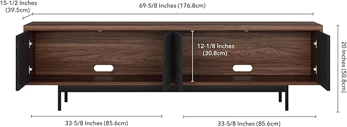Henn&Hart Fluted TV Stand for TVs up to 75" with 2 Open-Concept Ribbed Storage Cabinets for Living Room, Family Room, or Office, Medium Walnut/Natural Black